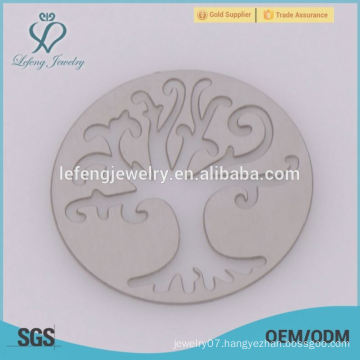 Latest design round silver stainless steel plates, glass memory hollow tree of life plates